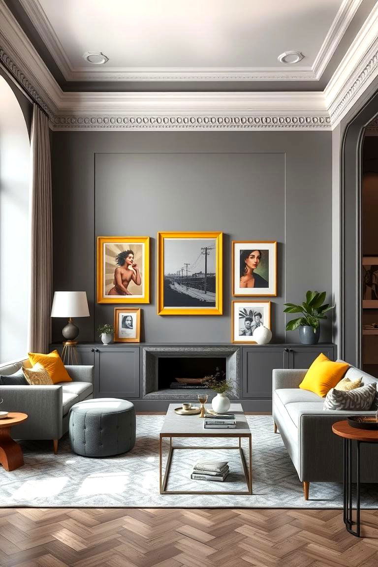 Artistic Focus Grey Interiors with Yellow Frames - 24 Grey and Yellow Living Room Ideas