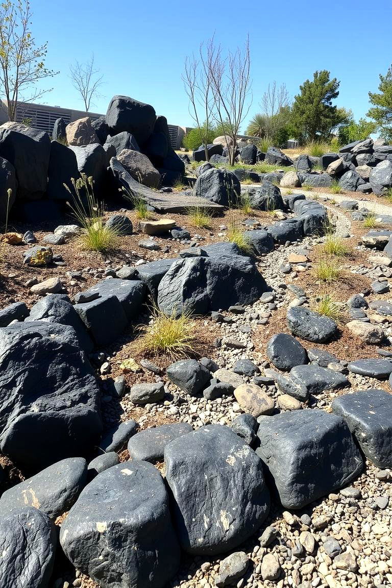 Artistic Garden Installations with Black River Rock - 24 Black River Rock Landscaping Ideas