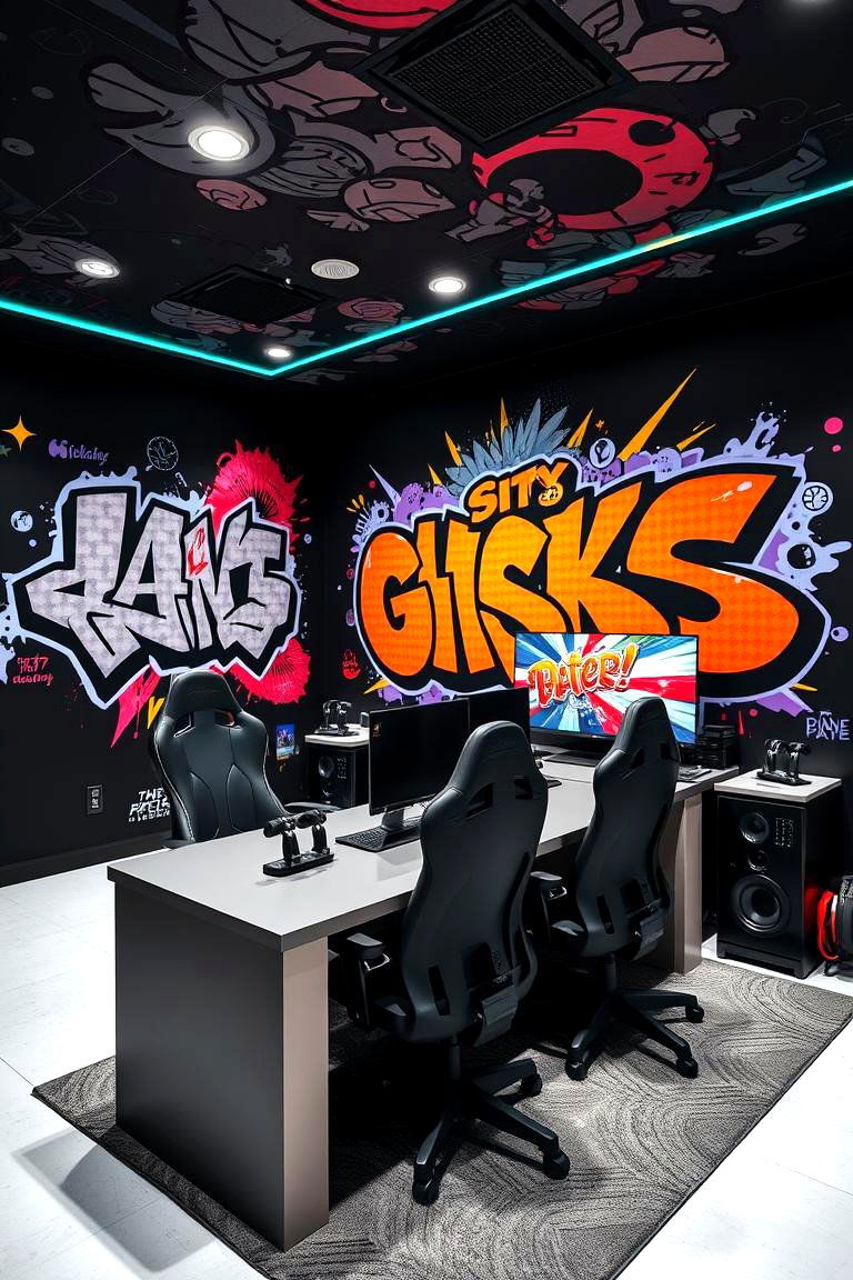 Artistic Graffiti Fusion - 24 Black Gaming Room Ideas
