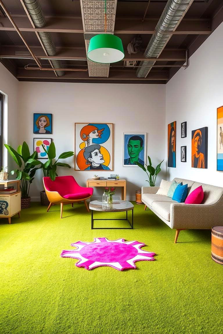 Artistic Green Carpet with Vibrant Decor - 24 Green Carpet Living Room Ideas