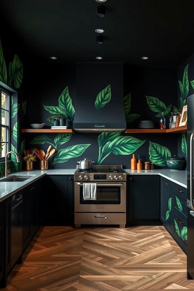 Artistic Green Murals on Black Walls - 24 Black and Green Kitchen Ideas