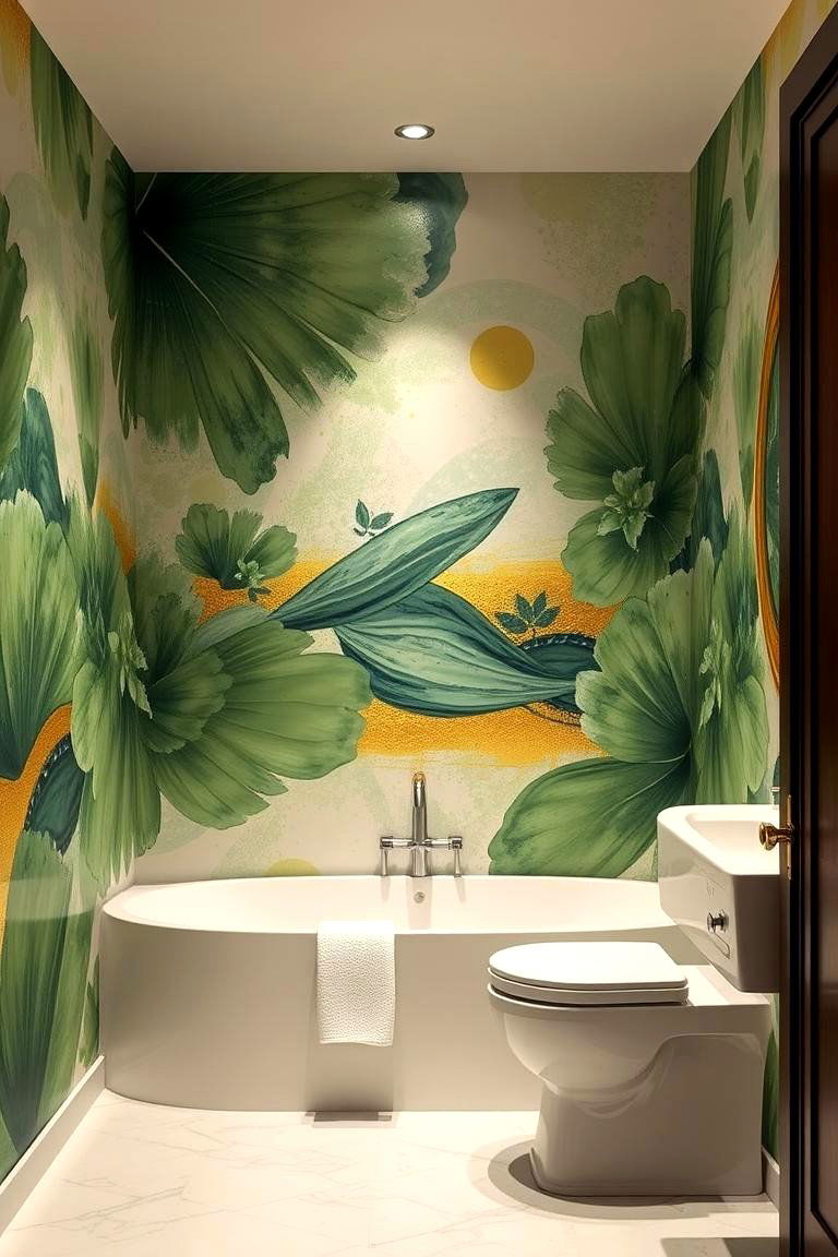 Artistic Green and Gold Wall Murals - 24 Green and Gold Bathroom Ideas