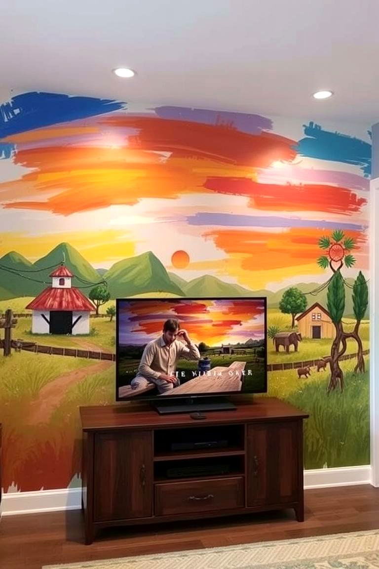 Artistic Hand Painted Scene - 24 Tv Accent Wall Ideas