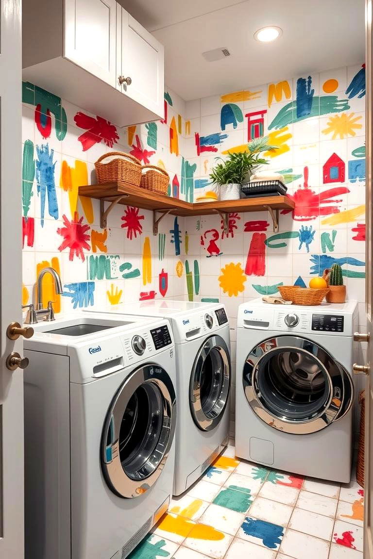 Artistic Hand Painted Tiles - 24 Laundry Room Backsplash Ideas
