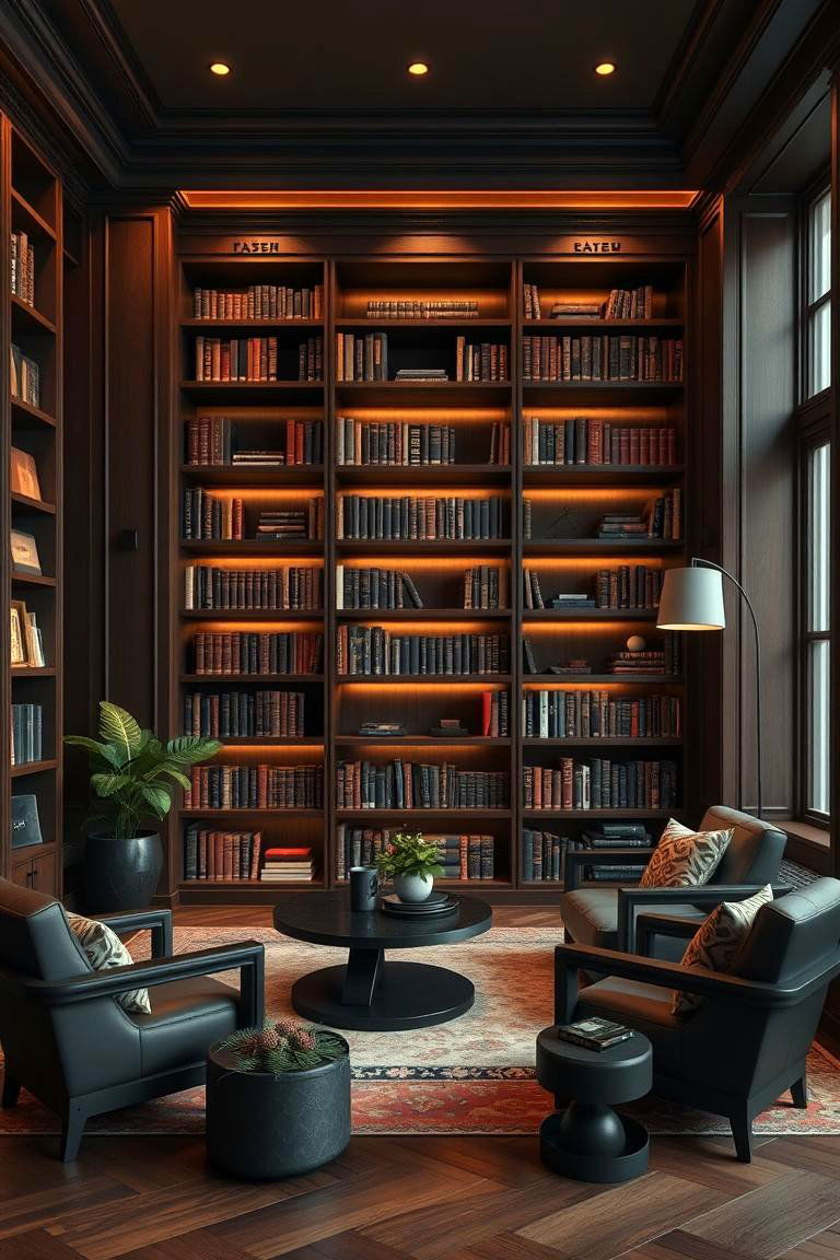 Artistic Home Library with Dark Wood Finishes - 24 Black and Brown Interior Design Ideas
