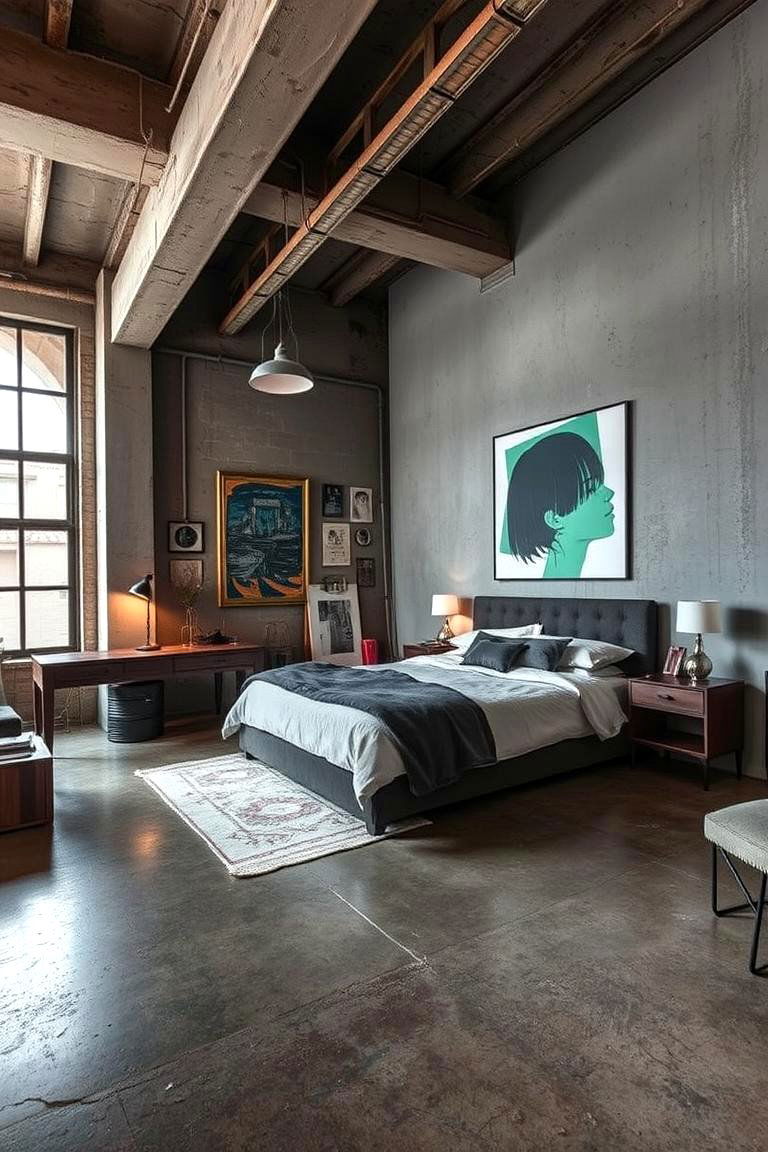 Artistic Industrial Concrete Floor Bedroom with Exposed Elements - 24 Concrete Floor Bedroom Ideas