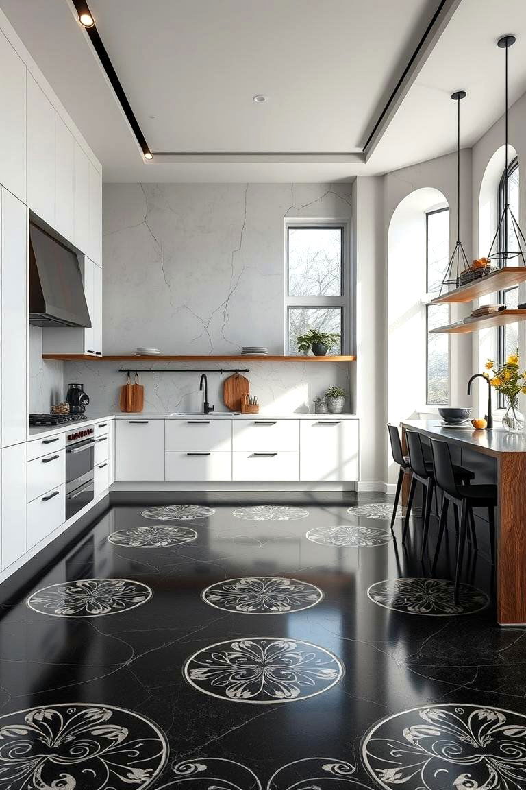 Artistic Inlaid Black Floor - 24 Black Floor Kitchen Ideas