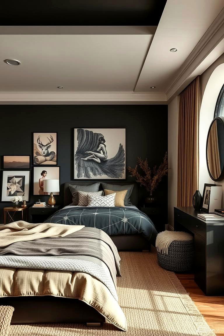 Artistic Layered Decor - 24 Black and Beige Bedroom Design Ideas