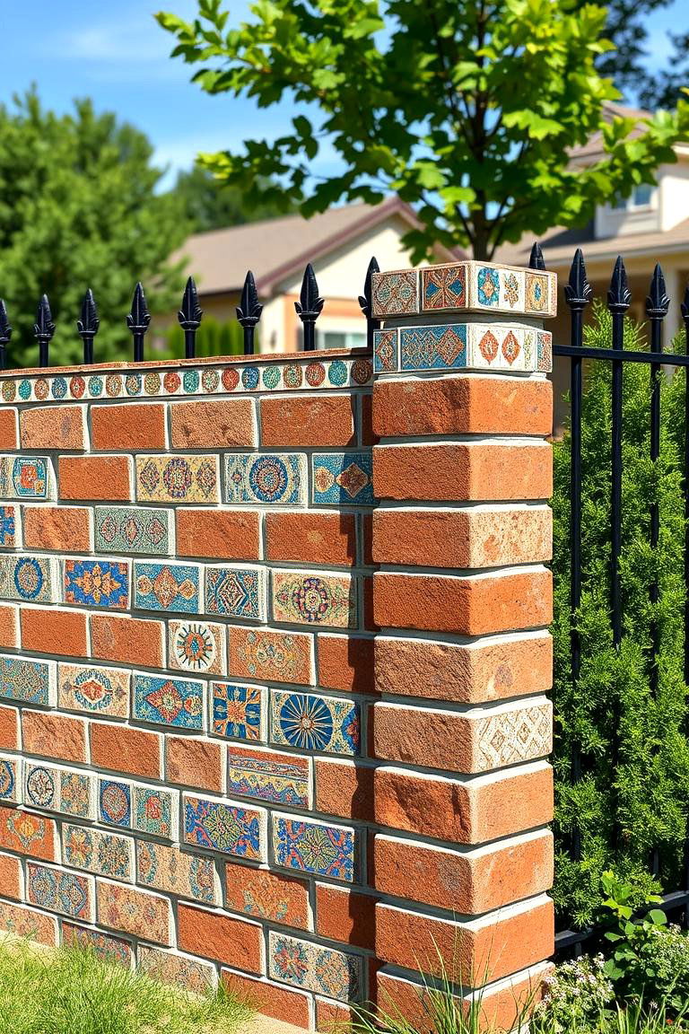 Artistic Mosaic Accented Cinder Block Fence - 24 Cinder Block Fence Ideas