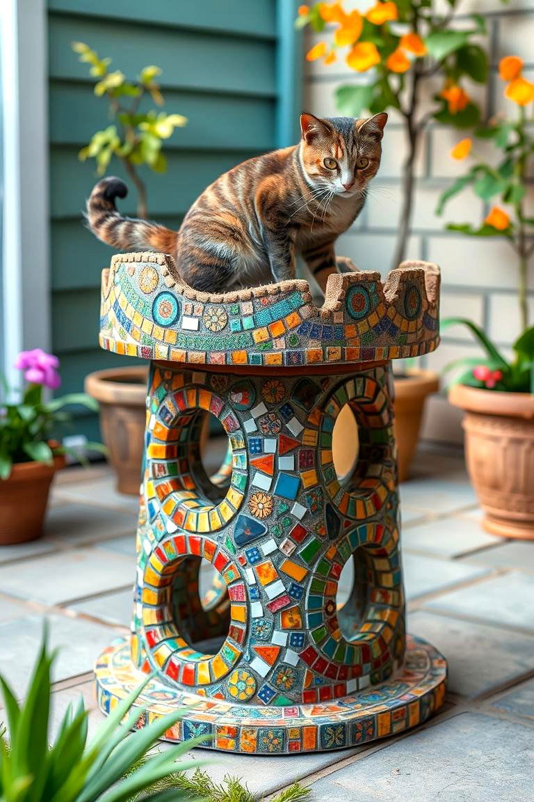Artistic Mosaic Cat Tree Design - 24 Outdoor Cat Tree Ideas