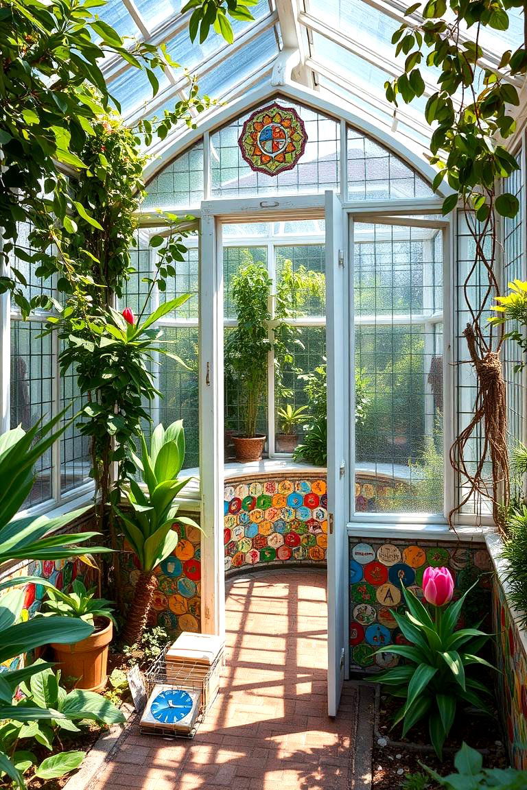 Artistic Mosaic Corner Greenhouse - 24 Corner Greenhouse Ideas