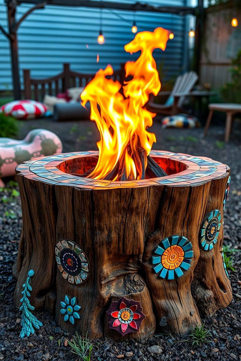 Artistic Mosaic Embers - 24 Tree Stump Fire Pit Ideas