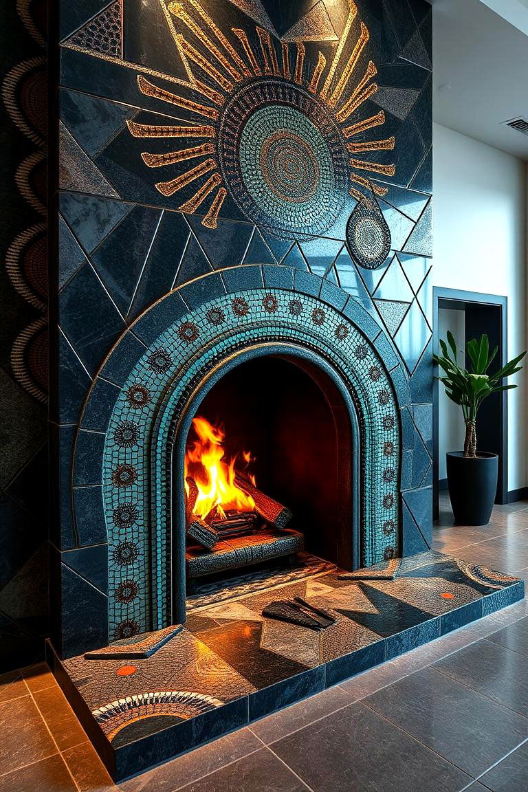 Artistic Mosaic Integration - 24 Black Stone Fireplace Ideas
