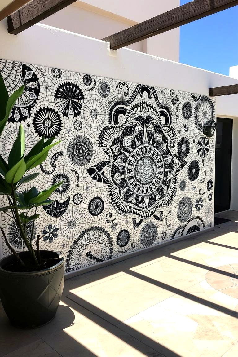 Artistic Mosaic Mural Feature - 24 Black and White Patio Ideas