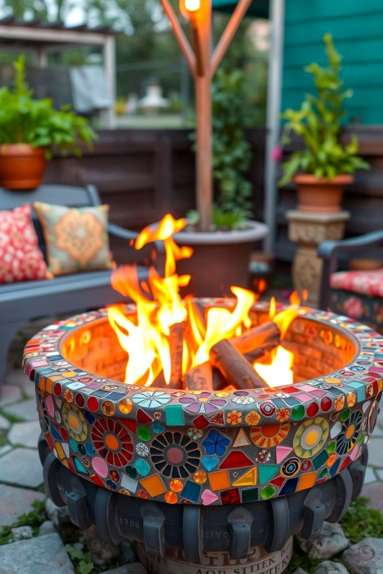 Artistic Mosaic Rim Fire Pit - 24 Truck Rim Fire Pit Ideas