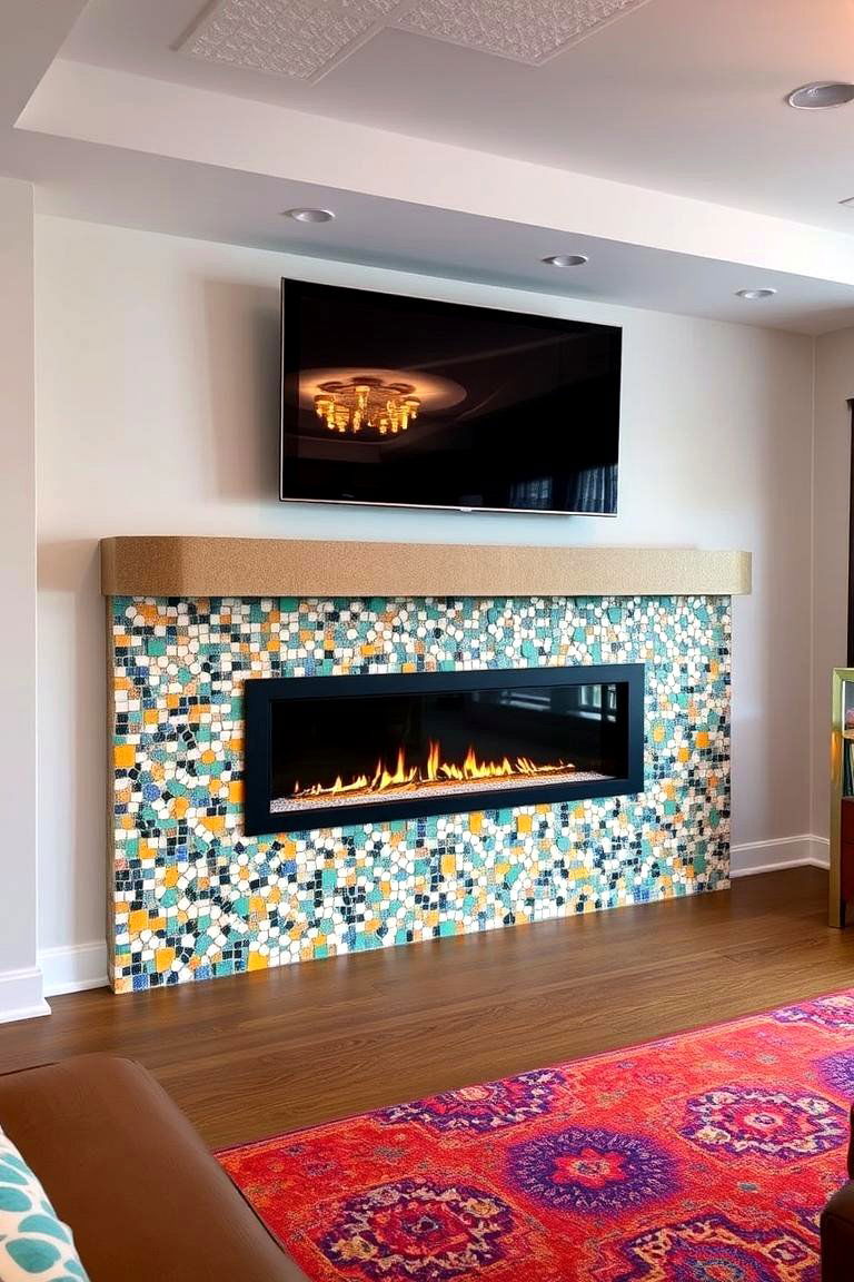 Artistic Mosaic Surround - 24 Linear Fireplace Ideas With Tv Above