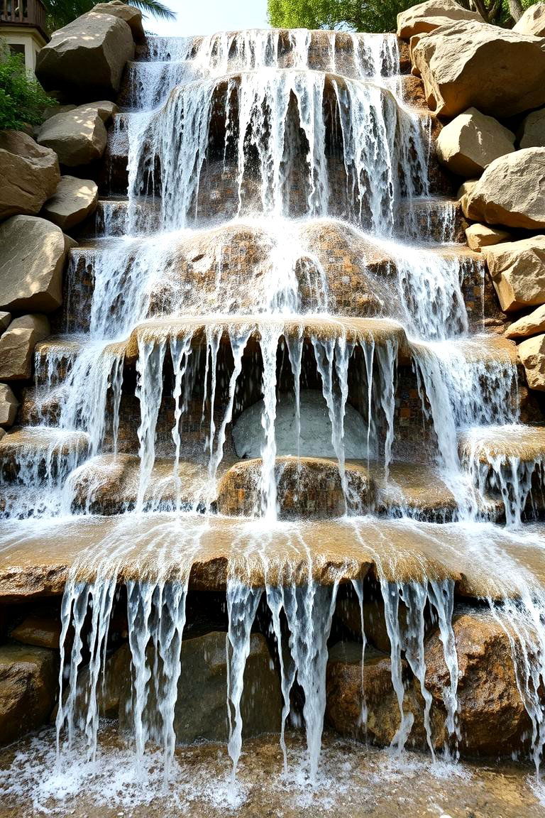 Artistic Mosaic Waterfall - 24 Pondless Waterfall Ideas