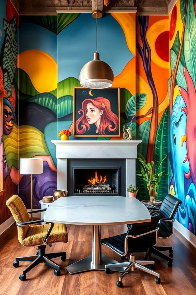 Artistic Mural Fireplace Office - 24 Home Office With Fireplace Ideas