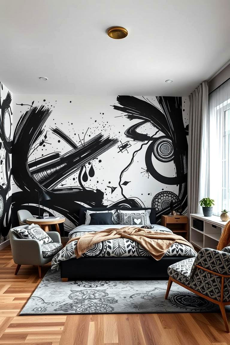 Artistic Mural Magic - 24 Feminine Black and White Bedroom Ideas