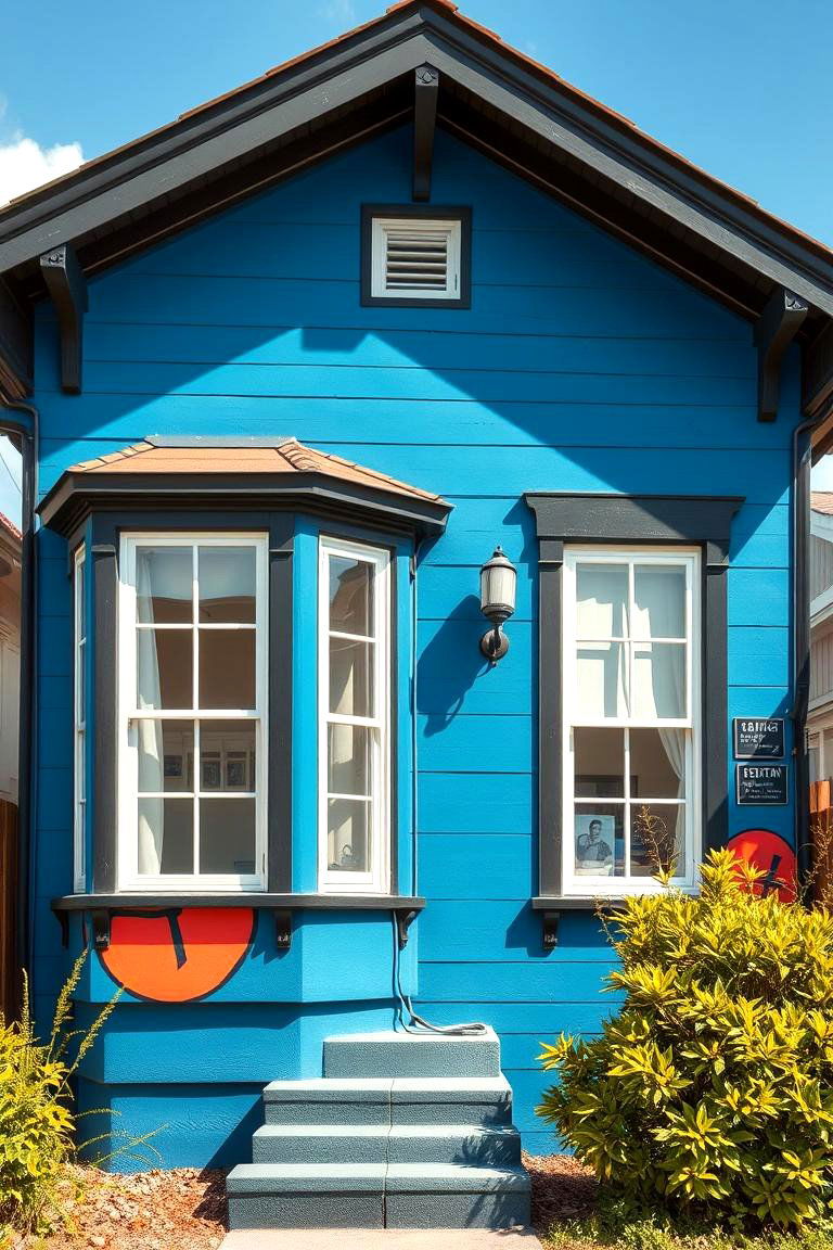 Artistic Mural with Black Trim - 24 Blue House With Black Trim Ideas