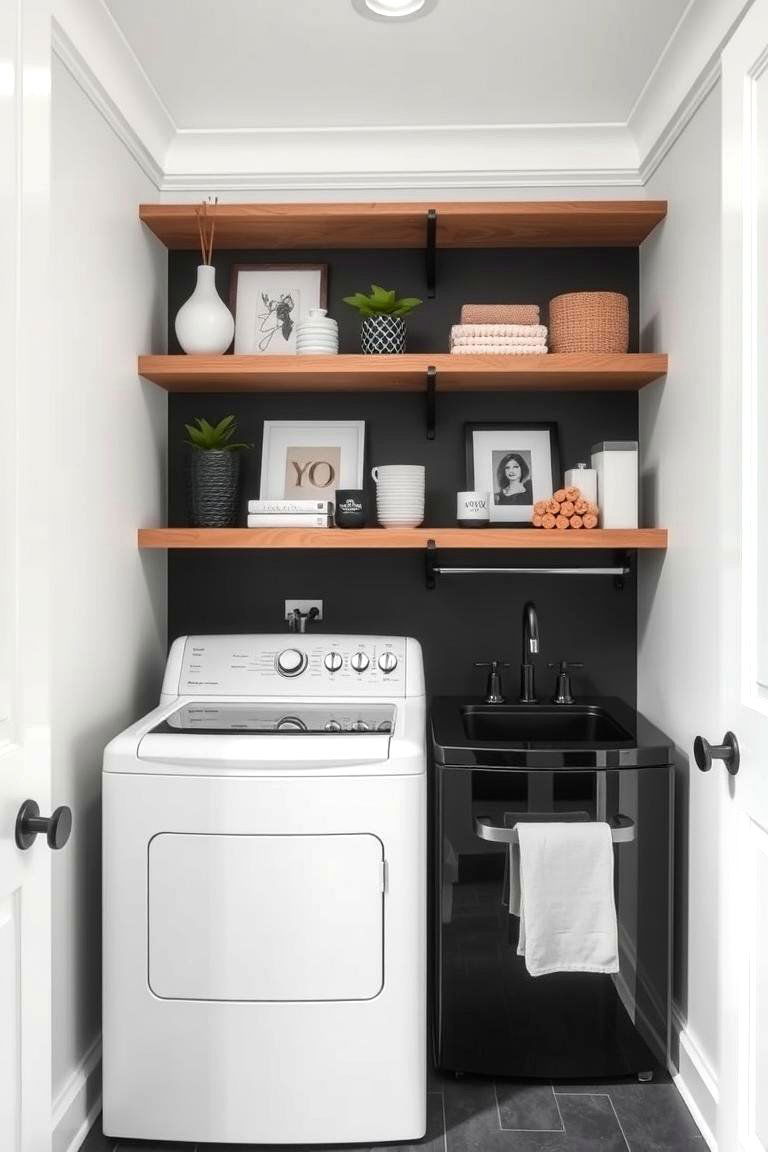 Artistic Open Shelving - 24 Black and White Laundry Room Ideas