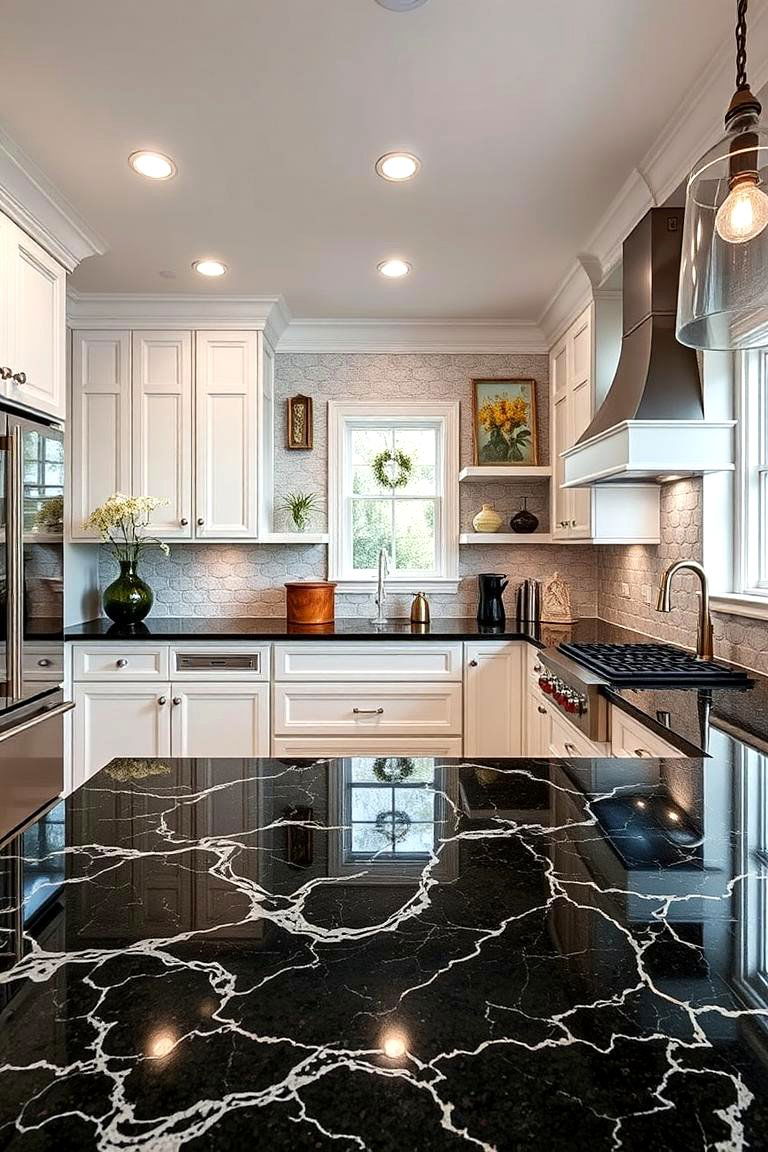 Artistic Patterned Accents - 24 Black Granite Countertops Kitchen Ideas