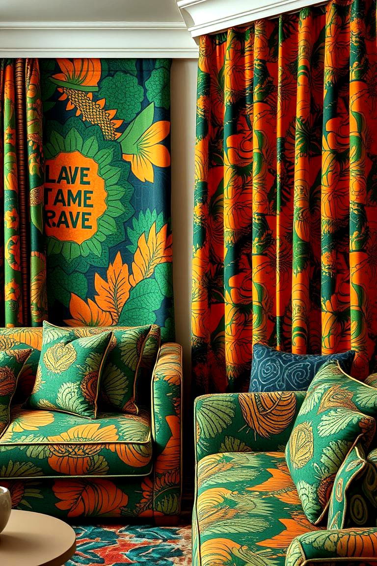 Artistic Patterned Fabrics - 24 Green and Orange Living Room Ideas
