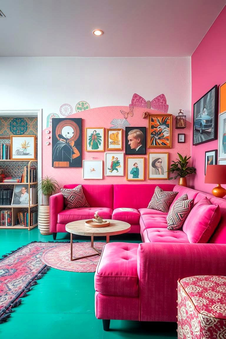 Artistic Pink Accent Wall - 24 Pink Couch Living Room Ideas