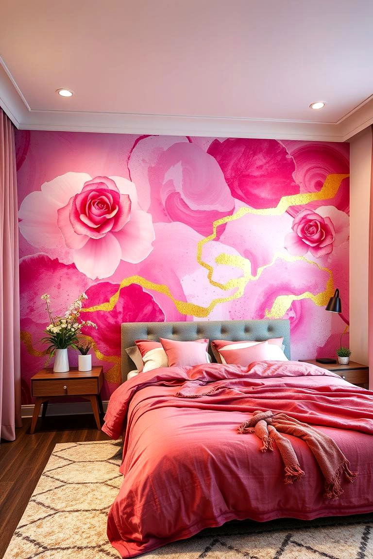 Artistic Pink and Gold Wall Murals - 24 Pink and Gold Bedroom Ideas