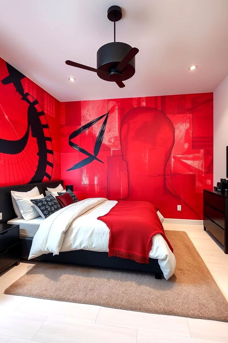 Artistic Red Murals - 24 Red and Black Bedroom Ideas