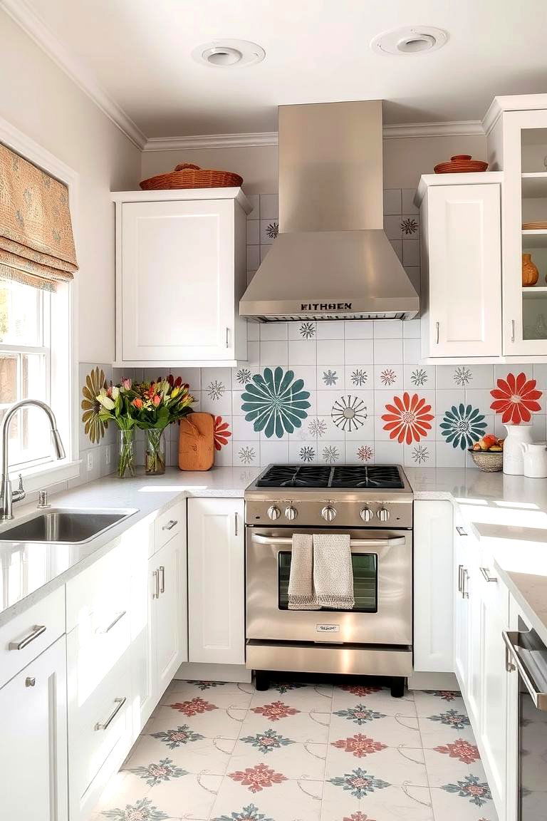 Artistic Stenciled Designs - 24 White Cabinet Kitchen Backsplash Ideas