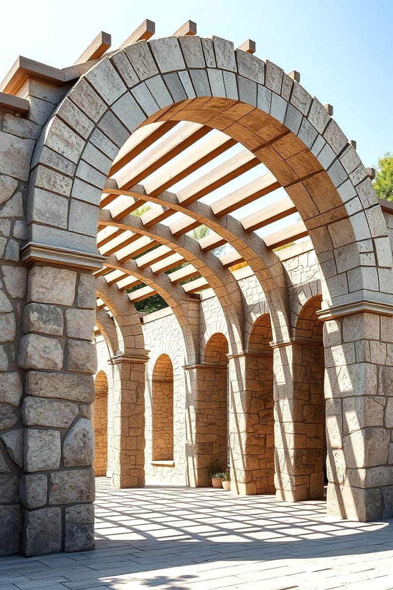 Artistic Stone Pergola Arch - 24 Stone Exterior Home Ideas