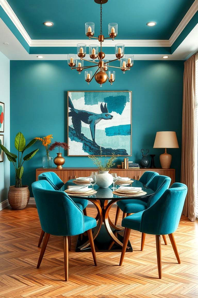 Artistic Teal Dining with Bold Decor - 24 Teal Dining Room Ideas