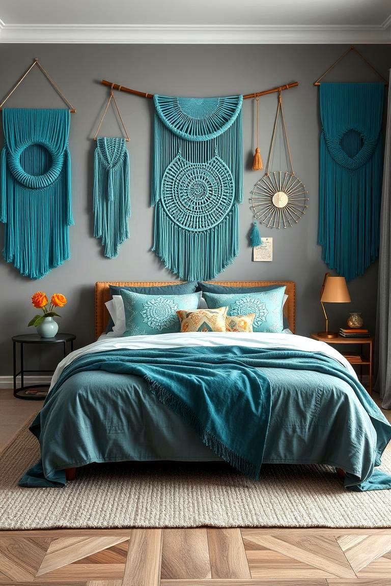 Artistic Teal Wall Hangings - 24 Teal and Grey Bedroom Ideas