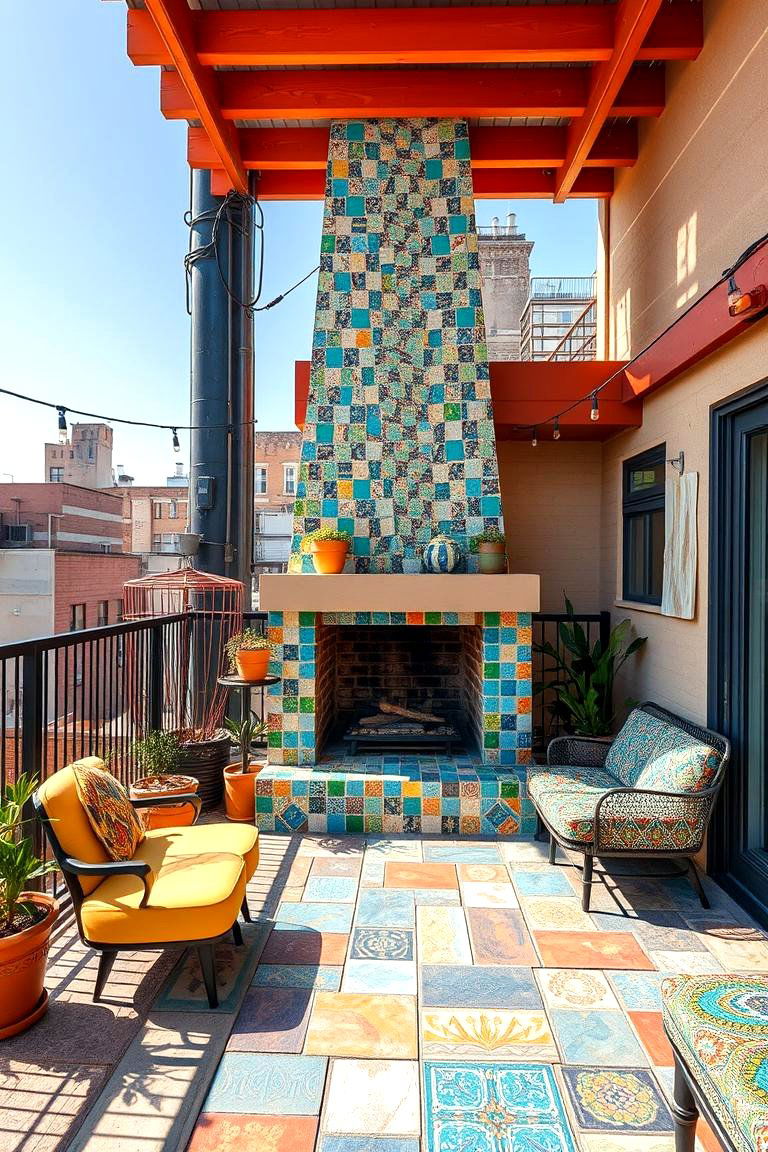 Artistic Urban Mosaic Flair - 24 Covered Deck With Fireplace Ideas