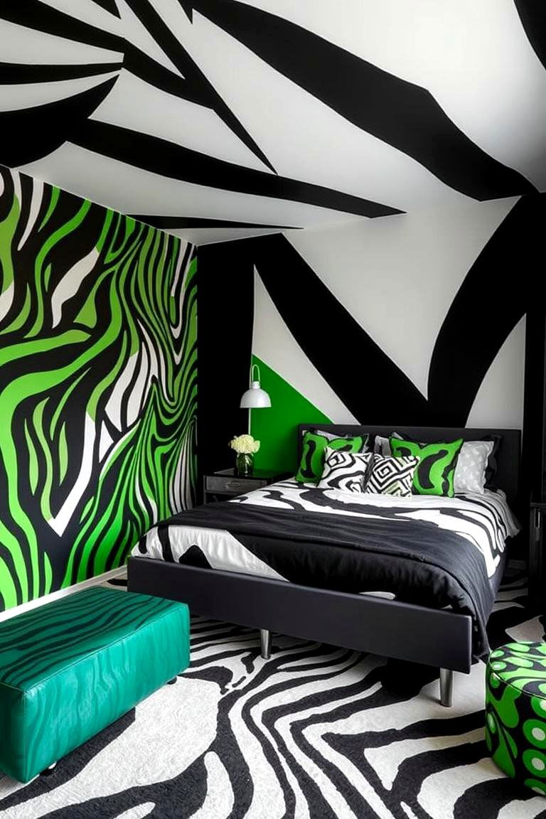 Artistic Use of Black and Green Patterns - 24 Black and Green Bedroom Design Ideas