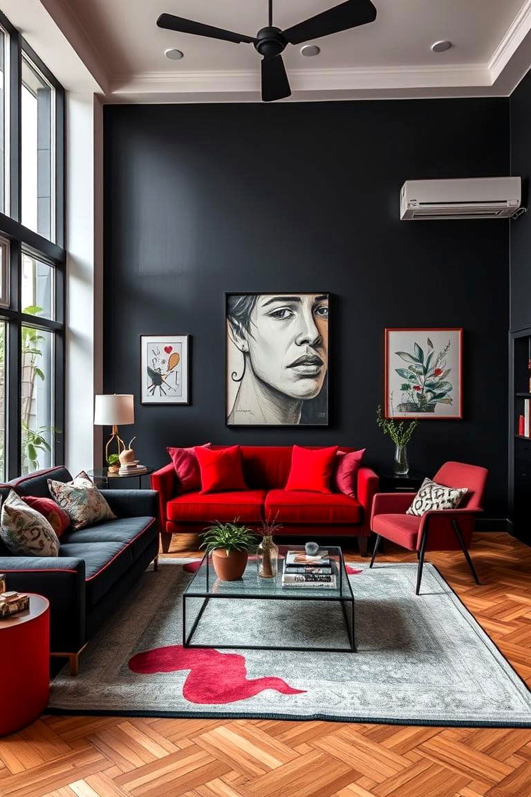 Artistic Vibe with Bold Black Walls and Red Highlights - 24 Black and Red Living Room Ideas