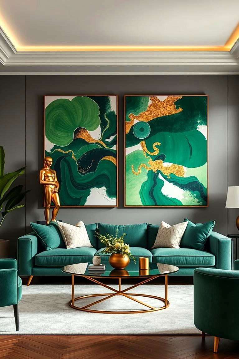 Artistic Vibe with Green Abstract Art and Golden Sculptures - 24 Green and Gold Living Room Ideas