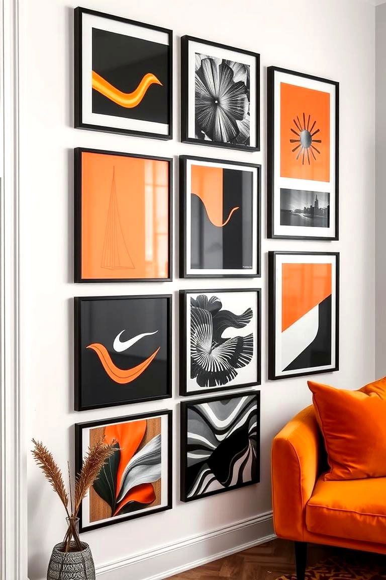 Artistic Wall Gallery in Bold Black and Orange - 24 Black and Orange Living Room Ideas