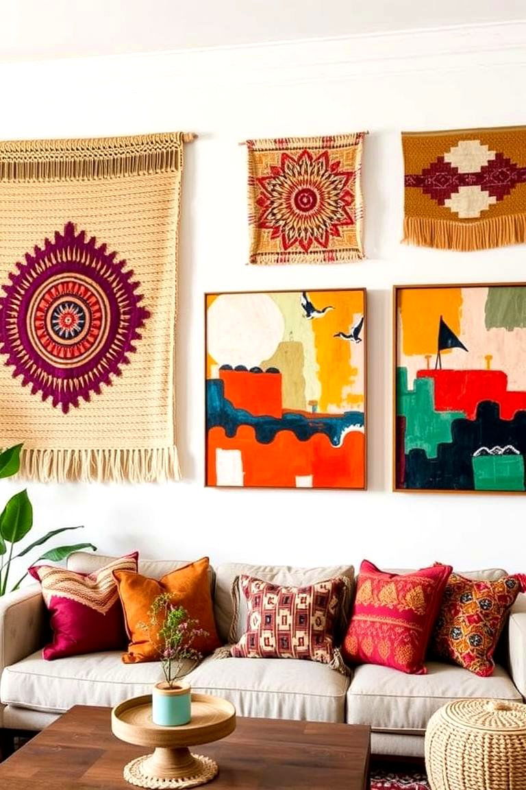 Artistic Wall Hangings - 24 Boho Living Room Ideas