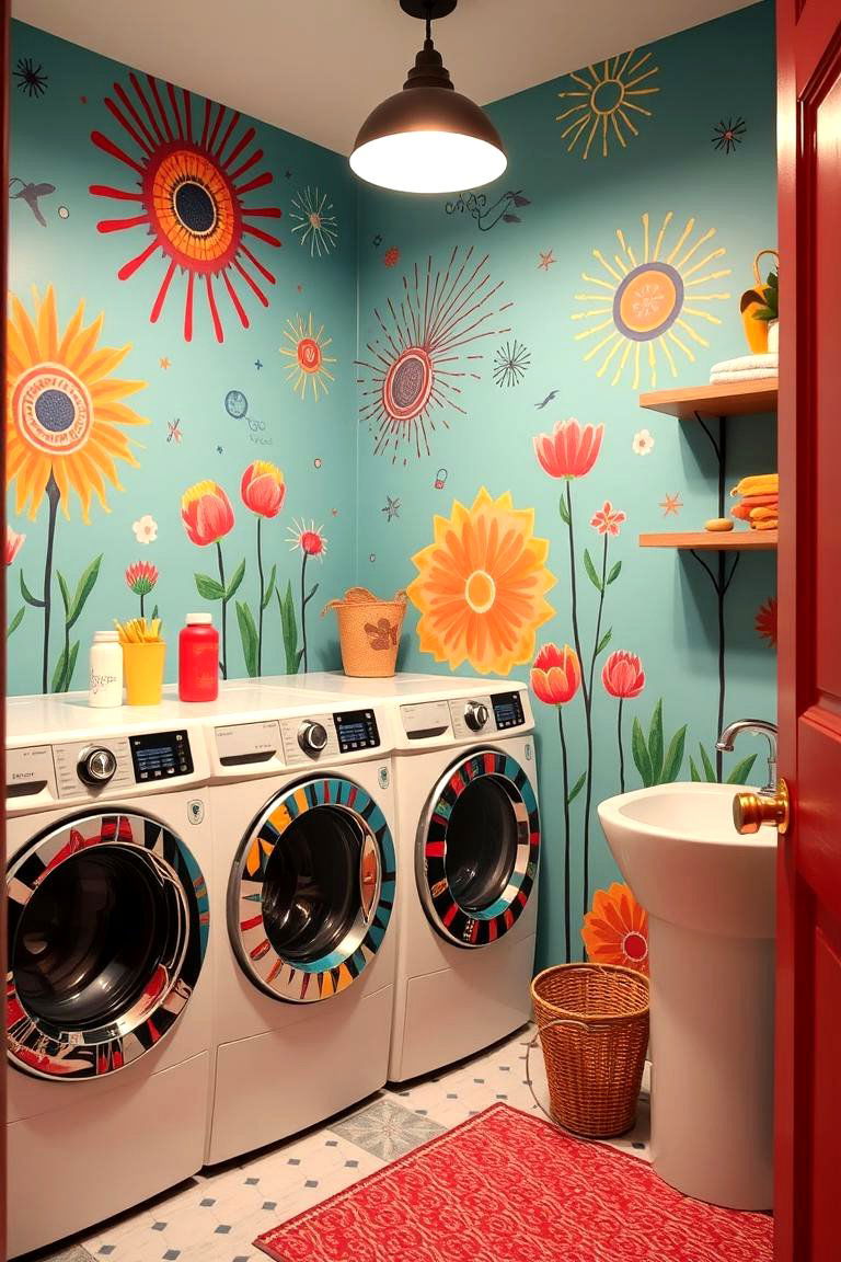 Artistic Wall Murals - 24 Boho Laundry Room Ideas
