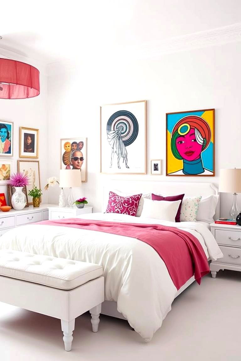 Artistic White with Bold Accents - 24 White Bedroom Ideas