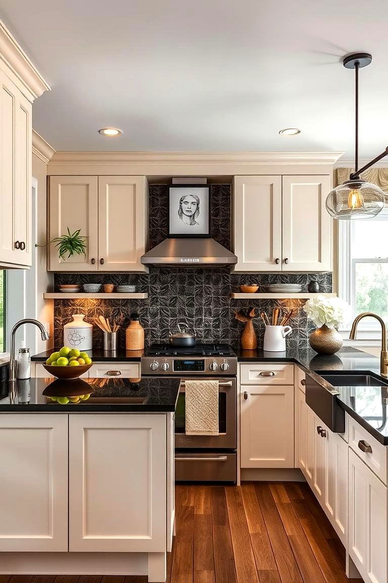 Artistic and Unique Decor - 24 kitchen with dark countertops and light cabinets