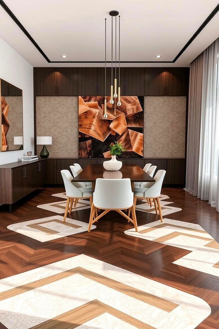 As Bold Geometry on Dark Wood Floors Inspires - 24 dark wood floor dining room ideas