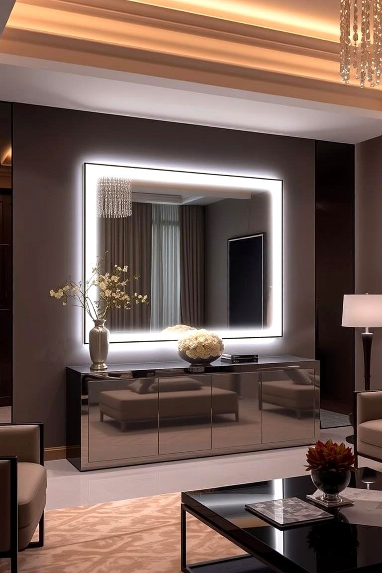 Backlit Mirror Elegance - 24 Living Room Mirror Ideas