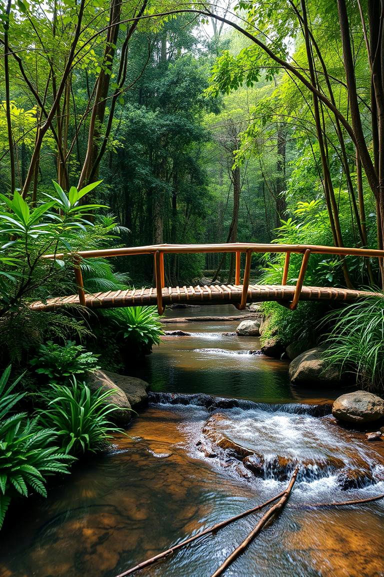 Bamboo Bridge Over Stream - 24 Tropical Landscape Ideas