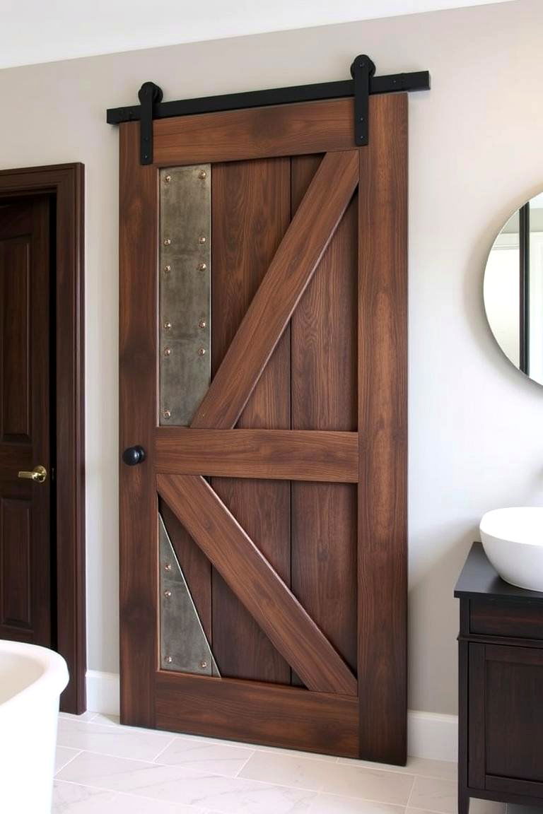 Barn Door with Bold Metal Inlays for a Modern Touch - 24 Bathroom Barn Door Ideas