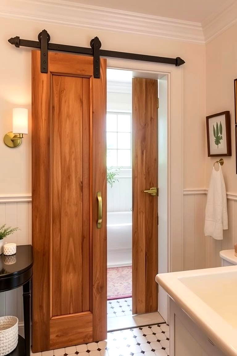 Barn Door with Brass Accents for a Touch of Luxury - 24 Bathroom Barn Door Ideas