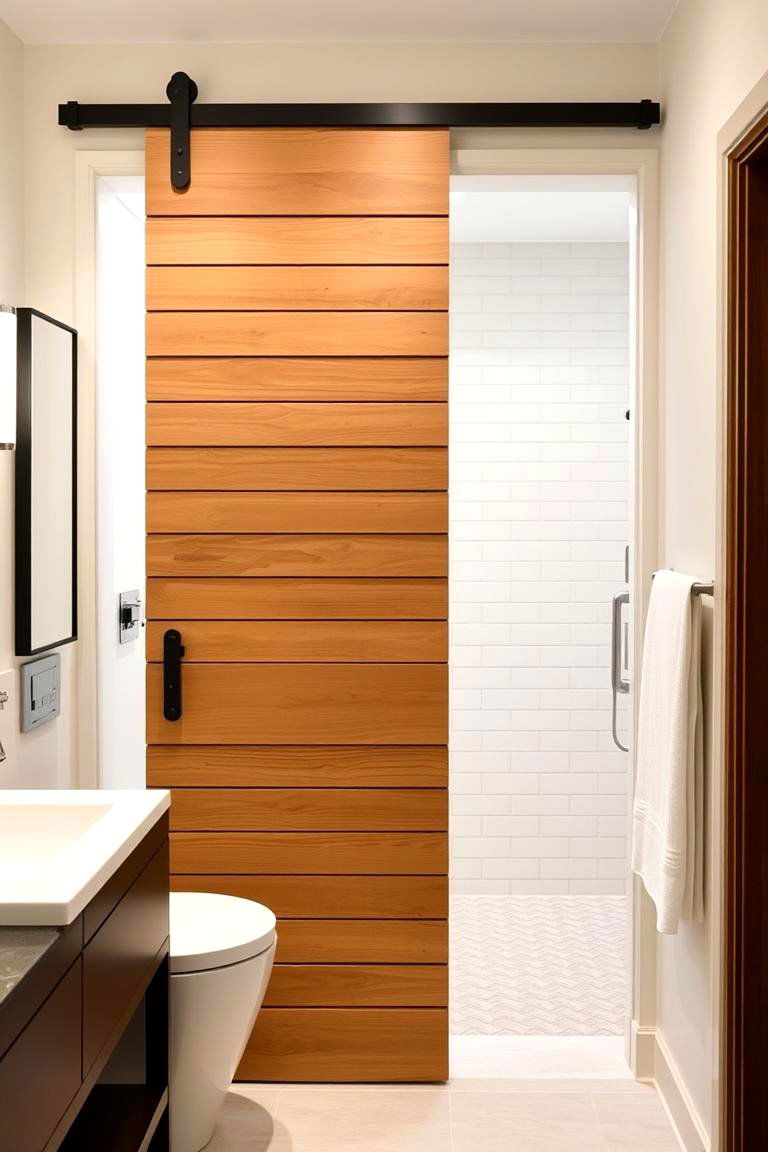 Barn Door with Horizontal Slats for a Contemporary Look - 24 Bathroom Barn Door Ideas