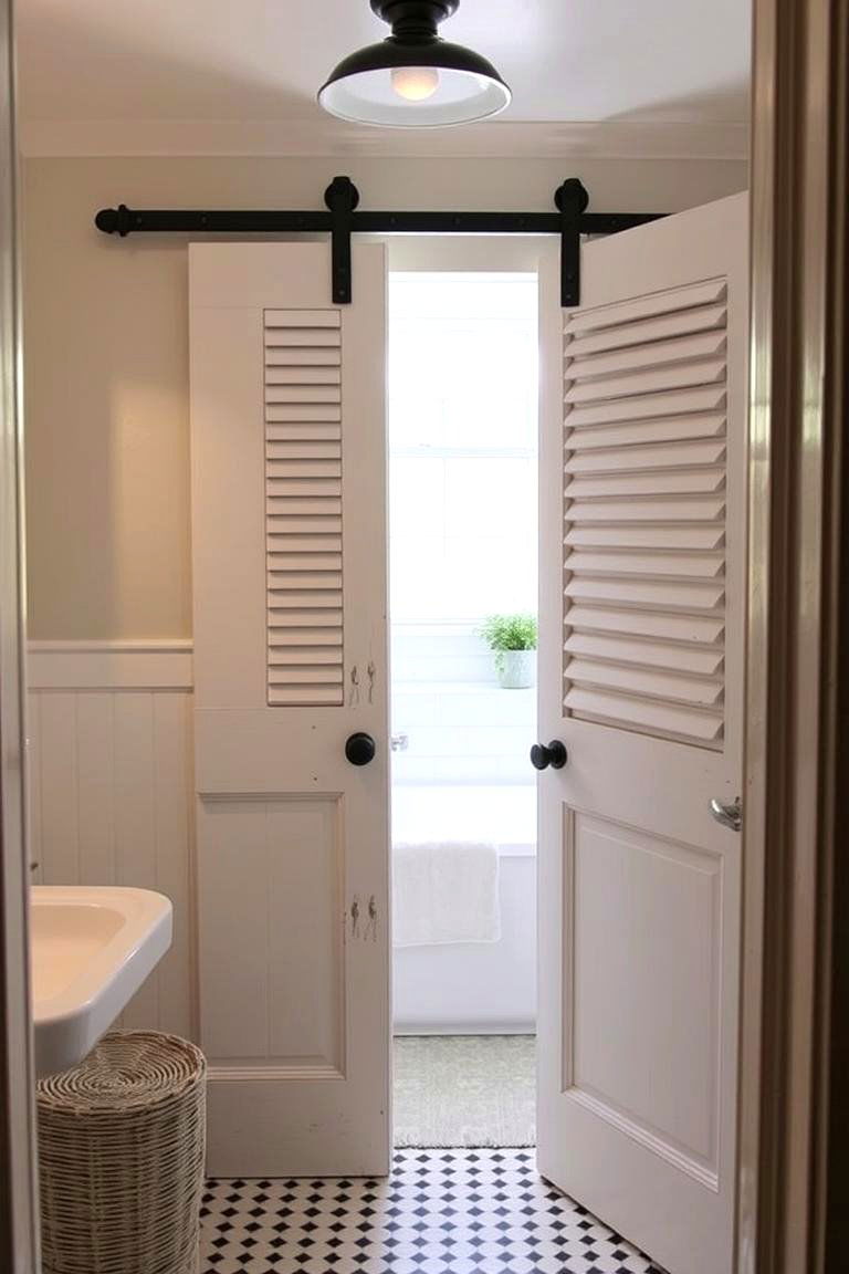 Barn Door with Shutter Detailing for a Cottage Look - 24 Bathroom Barn Door Ideas